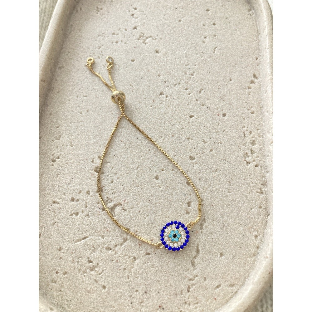 Gold Tone Evil Eye Bracelet Blue Rhinestones Adjustable Slider Chain Dainty